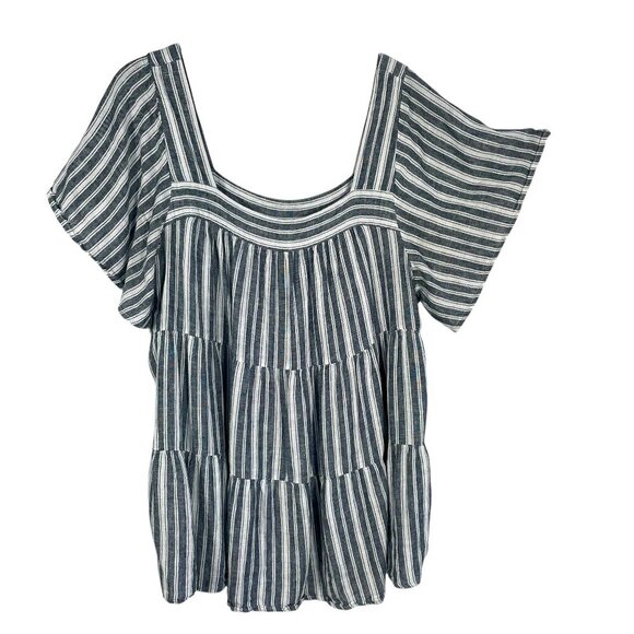 Terra & Sky Linen Blend Blue & White Stripe Square Neck Tiered Boho Tunic Sz 1X - Picture 1 of 11